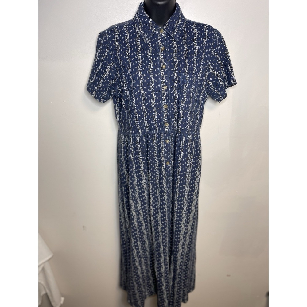 L.L. Bean Vintage Blue Floral Crew Short Sleeve Long Maxi Dress Size Small